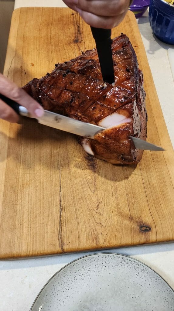 slicing-Double-Smoked-Ham-With-Pineapple-Bourbon-Glaze