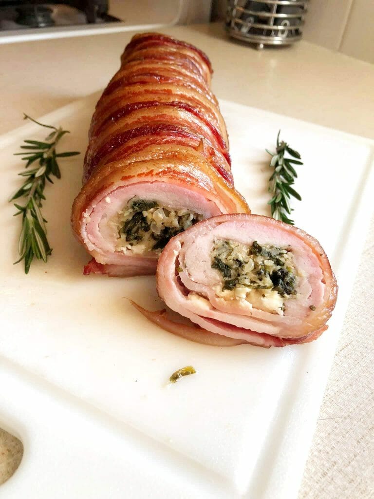 stuffed pork roast on the cutting board