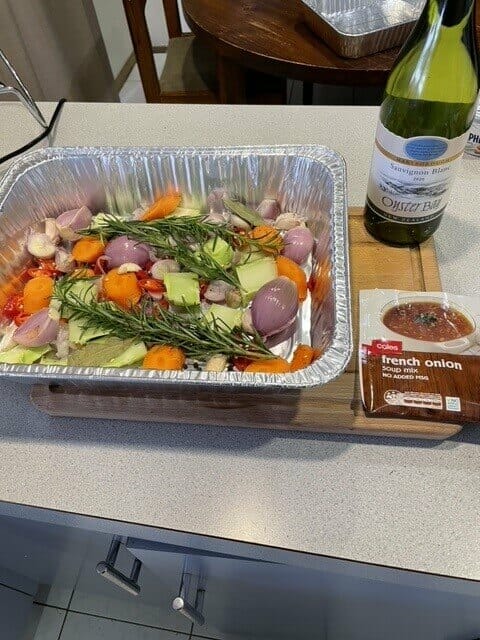 vegetable in foil tray for smoked turkey